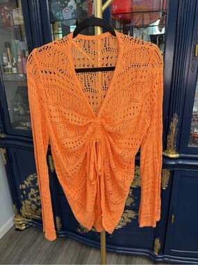 Amazon Orange Knit Twist-Front Openwork Long-Sleeve Top